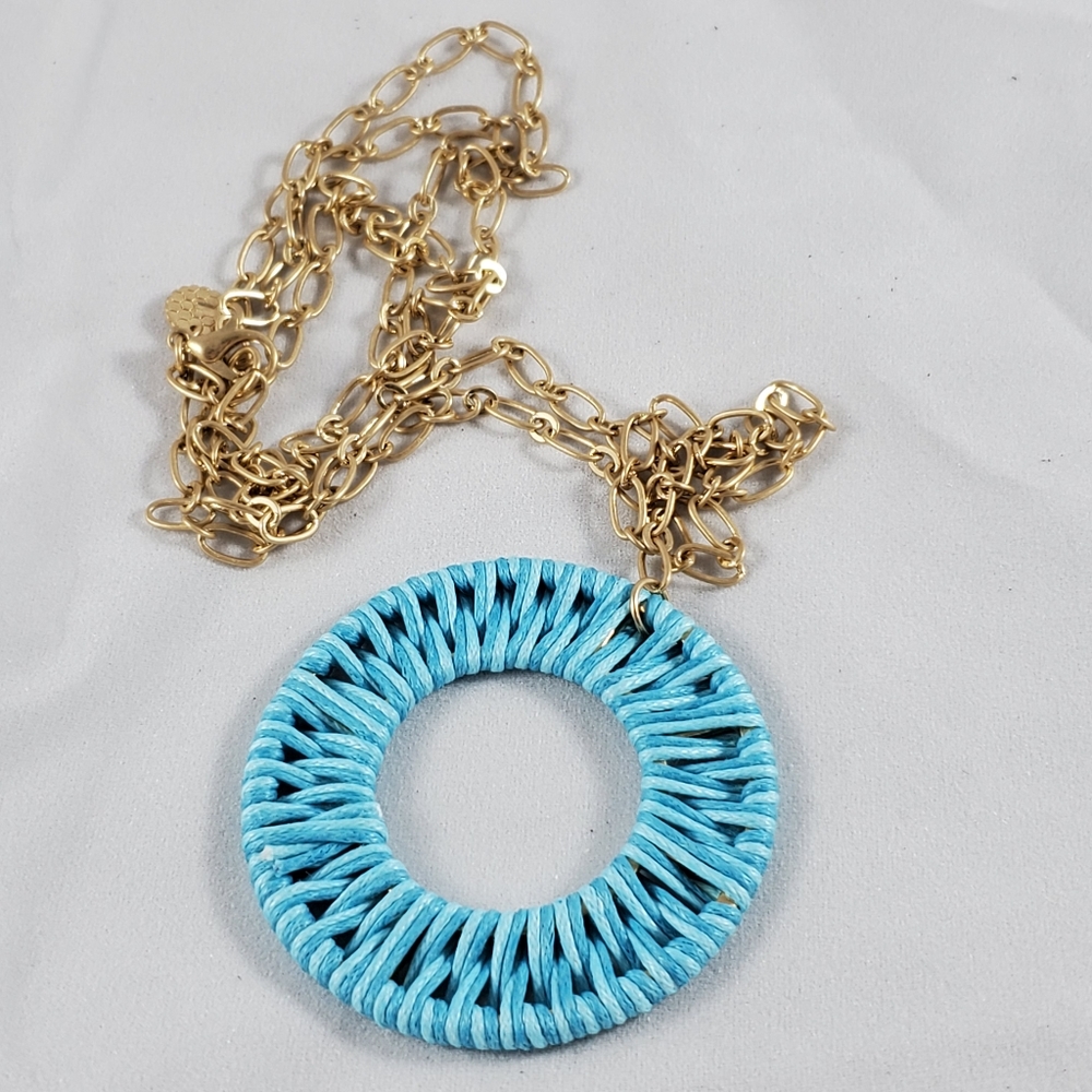 New Marlyn Schiff gold raffia open circle necklace blue coastal granddaughter